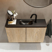 MONDIAZ TURE Fonteinset - 80x23x50cm - 1 kraangat - 2 deuren - washed oak mat - Wasbak midden - Solid Surface Zwart SW475491