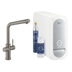 GROHE Blue Home 1-gats keukenkraan met duo L-uitloop starterkit met WiFi bluetooth Chilled & Sparkling 3x gekoeld + 3x bruisend water hard graphite geborsteld SW354696