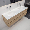 MONDIAZ VICA Badkamermeubelset - 150cm - 4 lades - wasbak Moon dubbel - 0 kraangaten - solid surface washed oak SW409980