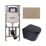 QeramiQ Dely Toiletset - 36.3x51.7cm - diepspoel - rimless - Geberit UP320 inbouwreservoir - softclose toilet zitting 35 mm - bedieningsplaat taupe - ronde knoppen - mat zwart SW1235416