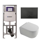 QeramiQ Dely Swirl Toiletset - 36.3x51.7cm - diepspoel - rimless - Geberit UP320 Burda inbouwreservoir - 35mm zitting - mat zwarte metalen bedieningsplaat - ronde knoppen - wit mat SW1138646