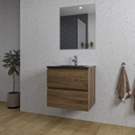 Adema Chaci Badkamermeubelset - 60x46x57cm - 1 keramische wasbak zwart - 1 kraangat - 2 lades - rechthoekige spiegel - noten (hout) SW816537