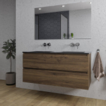 Adema Chaci Badkamermeubelset - 120x46x57cm - 2 keramische wasbakken zwart - zonder kraangaten - 2 lades - rechthoekige spiegel - noten (hout) SW816583