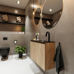 MONDIAZ TURE Fonteinset - 80x23x50cm - 1 kraangat - 2 deuren - washed oak mat - Wasbak rechts - Solid Surface Zwart SW475494