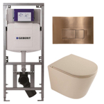 QeramiQ Dely Toiletset - 36.3x51.7cm - diepspoel - rimless - Geberit UP320 inbouwreservoir - softclose toilet zitting - koperen bedieningsplaat - rechthoekige knoppen - mat beige SW1242414