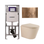 QeramiQ Dely Toiletset - 36.3x51.7cm - diepspoel - rimless - Geberit UP320 inbouwreservoir - softclose toilet zitting 35 mm - koperen bedieningsplaat - ronde knoppen - mat beige SW1236515
