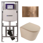 QeramiQ Dely Toiletset - 36.3x51.7cm - diepspoel - rimless - Geberit UP320 inbouwreservoir - softclose toilet zitting - koperen bedieningsplaat - ronde knoppen - mat beige SW1242415
