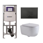 QeramiQ Dely Swirl Toiletset - 36.3x51.7cm - Geberit UP320 Burda inbouwreservoir - slim zitting - mat zwarte bedieningsplaat - ronde knoppen - wit mat SW1126123