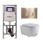 QeramiQ Dely Swirl Toiletset - 36.3x51.7cm - diepspoel - rimless - Geberit UP320 Burda inbouwreservoir -slim zitting - geborsteld messing bedieningsplaat - ronde knoppen - wit mat SW1126114