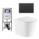 QeramiQ Dely Toiletset - 36.3x51.7cm - diepspoel - rimless - Geberit UP320 Burda inbouwreservoir - softclose toiletzitting - mat zwarte bedieningsplaat - rechtehoekige knoppen - wit mat SW804602