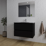 Adema Chaci Badkamermeubelset - 80x46x55cm - 1 keramische wasbak zwart - 1 kraangat - 2 lades - rechthoekige spiegel - mat zwart SW816551