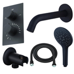 Fortifura Calvi Badkraan set - uitloop - 22cm inkortbaar - metalen slang - ronde handdouche - inbouwdeel - wandhouder - mat zwart SW1244025