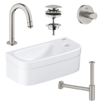 GROHE Euro fonteinset 37x18cm 1 kraangat zonder overloop gebogen super steel kraan sifon afvoerplug handdoekhaak fontein Rechthoek wit SW523963