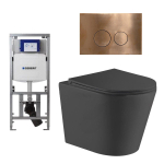 QeramiQ Dely Toiletset - 36.3x51.7cm - diepspoel - rimless - Geberit UP320 Burda inbouwreservoir - softclose toiletzitting - koperen bedieningsplaat - ronde knoppen - zwart mat SW804625