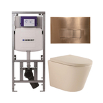 QeramiQ Dely Toiletset - 36.3x51.7cm - diepspoel - rimless - Geberit UP320 inbouwreservoir - softclose toilet zitting 35 mm - koperen bedieningsplaat - rechthoekige knoppen - mat beige SW1236514