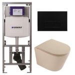 QeramiQ Dely Toiletset - 36.3x51.7cm - diepspoel - rimless - Geberit UP320 inbouwreservoir - softclose toilet zitting - metaal mat zwart bedieningsplaat - rechthoekige knoppen - mat beige SW1242420
