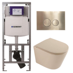 QeramiQ Dely Toiletset - 36.3x51.7cm - diepspoel - rimless - Geberit UP320 inbouwreservoir - softclose toilet zitting - geborsteld messing bedieningsplaat - ronde knoppen - mat beige SW1242409