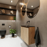 MONDIAZ TURE Fonteinset - 60x23x50cm - 0 kraangaten - 2 deuren - washed oak mat - Wasbak midden - Solid Surface Zwart SW475467