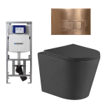 QeramiQ Dely Toiletset - 36.3x51.7cm - diepspoel - rimless - Geberit UP320 Burda inbouwreservoir - softclose toiletzitting - koperen bedieningsplaat - rechtehoekige knoppen - zwart mat SW804626