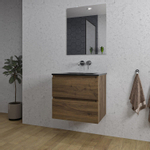 Adema Chaci Badkamermeubelset - 60x46x57cm - 1 keramische wasbak zwart - zonder kraangaten - 2 lades - rechthoekige spiegel - noten (hout) SW816541