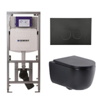 QeramiQ Dely Swirl Toiletset - 36.3x51.7cm - Geberit UP320 Burda inbouwreservoir - slim zitting - mat zwarte bedieningsplaat - ronde knoppen - mat zwart SW1130192