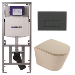 QeramiQ Dely Toiletset - 36.3x51.7cm - diepspoel - rimless - Geberit UP320 inbouwreservoir - softclose toilet zitting - bedieningsplaat antraciet mat - rechthoekige knoppen - mat beige SW1242400