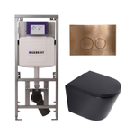 QeramiQ Dely Toiletset - 36.3x51.7cm - diepspoel - rimless - Geberit UP320 inbouwreservoir - softclose toilet zitting 35 mm - koperen bedieningsplaat - ronde knoppen - mat zwart SW1235424