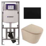 QeramiQ Dely Toiletset - 36.3x51.7cm - diepspoel - rimless - Geberit UP320 inbouwreservoir - softclose toilet zitting - kunststof mat zwarte bedieningsplaat - ronde knoppen - mat beige SW1242417