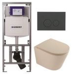 QeramiQ Dely Toiletset - 36.3x51.7cm - diepspoel - rimless - Geberit UP320 inbouwreservoir - softclose toilet zitting - bedieningsplaat mat antraciet - ronde knoppen - mat beige SW1242405