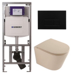 QeramiQ Dely Toiletset - 36.3x51.7cm - diepspoel - rimless - Geberit UP320 inbouwreservoir - softclose toilet zitting - kunstof mat zwarte bedieningsplaat - rechthoekige knoppen - mat beige SW1242416