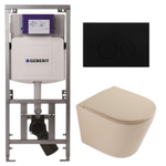 QeramiQ Dely Toiletset - 36.3x51.7cm - diepspoel - rimless - Geberit UP320 inbouwreservoir - softclose toilet zitting - metaal mat zwarte bedieningsplaat - ronde knoppen - mat beige SW1242421
