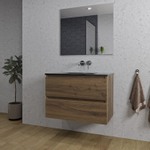 Adema Chaci Badkamermeubelset - 80x46x55cm - 1 keramische wasbak zwart - zonder kraangat - 2 lades - rechthoekige spiegel - noten (hout) SW816553