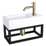 Differnz Ravo fonteinset - 38.5x18.5x25cm - Rechthoek - 1 kraangat - Gebogen matte goude kraan - met zwart frame - Keramiek Wit SW373191