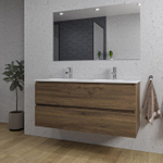 Adema Chaci Badkamermeubelset - 120x46x57cm - 2 ovale keramische wasbakken wit - 2 kraangaten - 2 lades - rechthoekige spiegel - noten (hout) SW724521