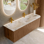 MONDIAZ KURVE-DLUX 145cm badmeubel met module 25 R kleur Walnut met 1 lade en 1 deur. Wastafel LEAF dubbel / links 2 kraangaten kleur Glace. SW1138060