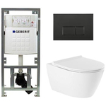 QeramiQ Salina Toiletset - rimless - Geberit inbouwreservoir - diepspoel wandcloset - softclose - quickrelease - bedieningspaneel met rechthoekige knoppen - mat zwart - wit SW791659