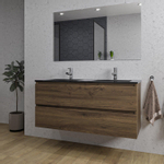 Adema Chaci Badkamermeubelset - 120x46x57cm - 2 keramische wasbakken zwart - 2 kraangaten - 2 lades - rechthoekige spiegel - noten (hout) SW816579