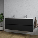 Adema Chaci Badkameronderkast - 140cm - 4 lades - greeploos - wit keramieke wastafel - overloop - 2 wasbakken - 2 kraangaten - mat zwart SW1171448