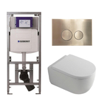 QeramiQ Dely Swirl Toiletset - 36.3x51.7cm - diepspoel - rimless - Geberit UP320 Burda inbouwreservoir - 35mm zitting - geborsteld messing bedieningsplaat - ronde knoppen - wit mat SW1138642