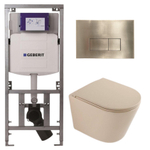 QeramiQ Dely Toiletset - 36.3x51.7cm - diepspoel - rimless - Geberit UP320 inbouwreservoir - softclose toilet zitting - geborsteld messing bedieningsplaat - rechthoekige knoppen - mat beige SW1242408