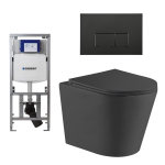 QeramiQ Dely Toiletset - 36.3x51.7cm - diepspoel - rimless - Geberit UP320 Burda inbouwreservoir - softclose toiletzitting - mat zwarte bedieningsplaat - rechtehoekige knoppen - zwart mat SW804617