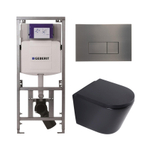 QeramiQ Dely Toiletset - 36.3x51.7cm - diepspoel - rimless - Geberit UP320 inbouwreservoir - softclose toilet zitting 35 mm - gunmetal bedieningsplaat - rechthoekige knoppen - mat zwart SW1235421