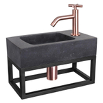 Differnz Bombai fonteinset - 40x22x9cm - Rechthoek - 1 kraangat - Gebogen rose koper kraan - met zwart frame - kruisgreep - Natuursteen Zwart SW373240