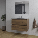 Adema Chaci Badkamermeubelset - 80x46x55cm - 1 keramische wasbak zwart - 1 kraangat - 2 lades - rechthoekige spiegel - noten (hout) SW816549