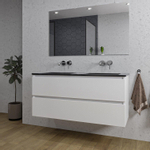 Adema Chaci Badkamermeubelset - 120x46x57cm - 2 keramische wasbakken zwart - zonder kraangaten - 2 lades - rechthoekige spiegel - mat wit SW816584