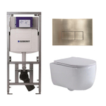 QeramiQ Dely Swirl Toiletset - 36.3x51.7cm - Geberit UP320 Burda inbouwreservoir - slim zitting - geborsteld messing bedieningsplaat - rechthoekige knoppen - wit glans SW1126098