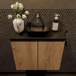 Mondiaz Fowy Toiletmeubel - 60x50x23cm - washed oak mat - 0 kraangaten - wasbak midden - 2 deuren - solid surface - blad Melamine - wasbak: zwart SW761445