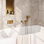 BRAUER Gold Carving thermostatische inbouw badkraan - drukknoppen SET 04 - uitloop - 3 standen handdouche - doucheslang - wandaansluitbocht - goud geborsteld PVD SW925620