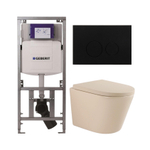 QeramiQ Dely Toiletset - 36.3x51.7cm - diepspoel - rimless - Geberit UP320 inbouwreservoir - softclose toilet zitting 35 mm - metaal mat zwarte bedieningsplaat - ronde knoppen - mat beige SW1236521