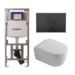QeramiQ Dely Swirl Toiletset - 36.3x51.7cm - Geberit UP320 Burda inbouwreservoir - 35mm zitting - mat zwarte bedieningsplaat - ronde knoppen - wit mat SW1138633